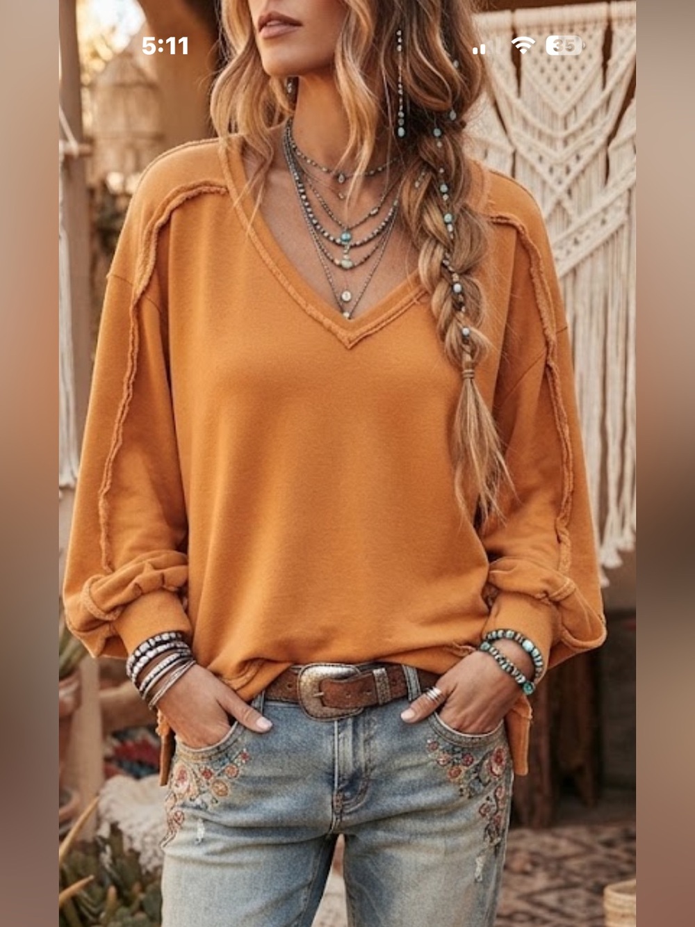 Like Love Orange Raw Edge V-Neck Slouchy Pullover 1XL Boho Casual